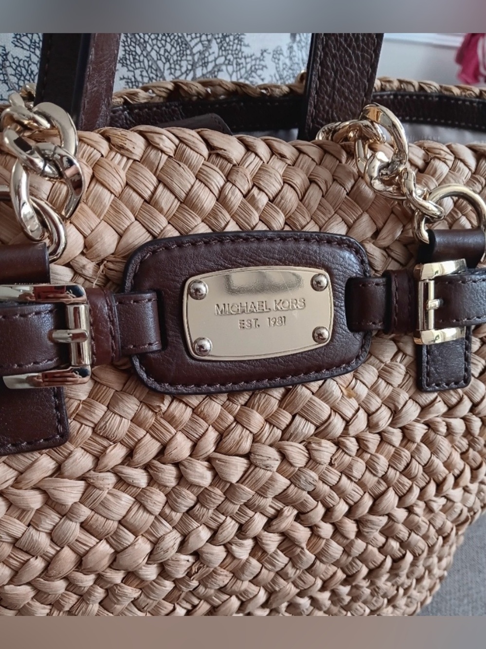 Michael Kors Natural Straw Tote with Dark Brown Leather Trim and Gold Hardware - Picture 3 of 11